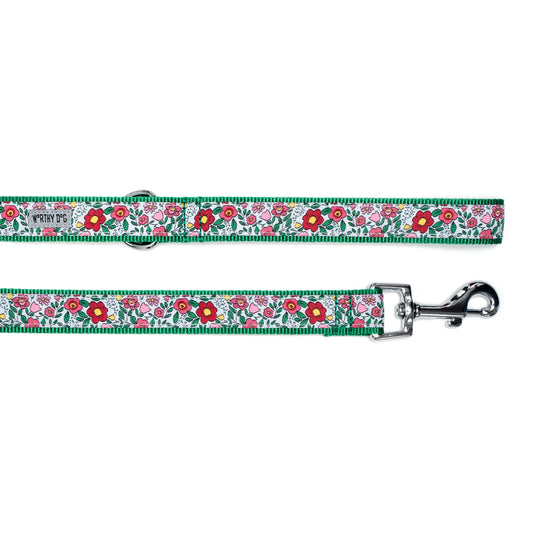 Spring Garden Floral Nylon Dog Leash — ribbon and hardware detail