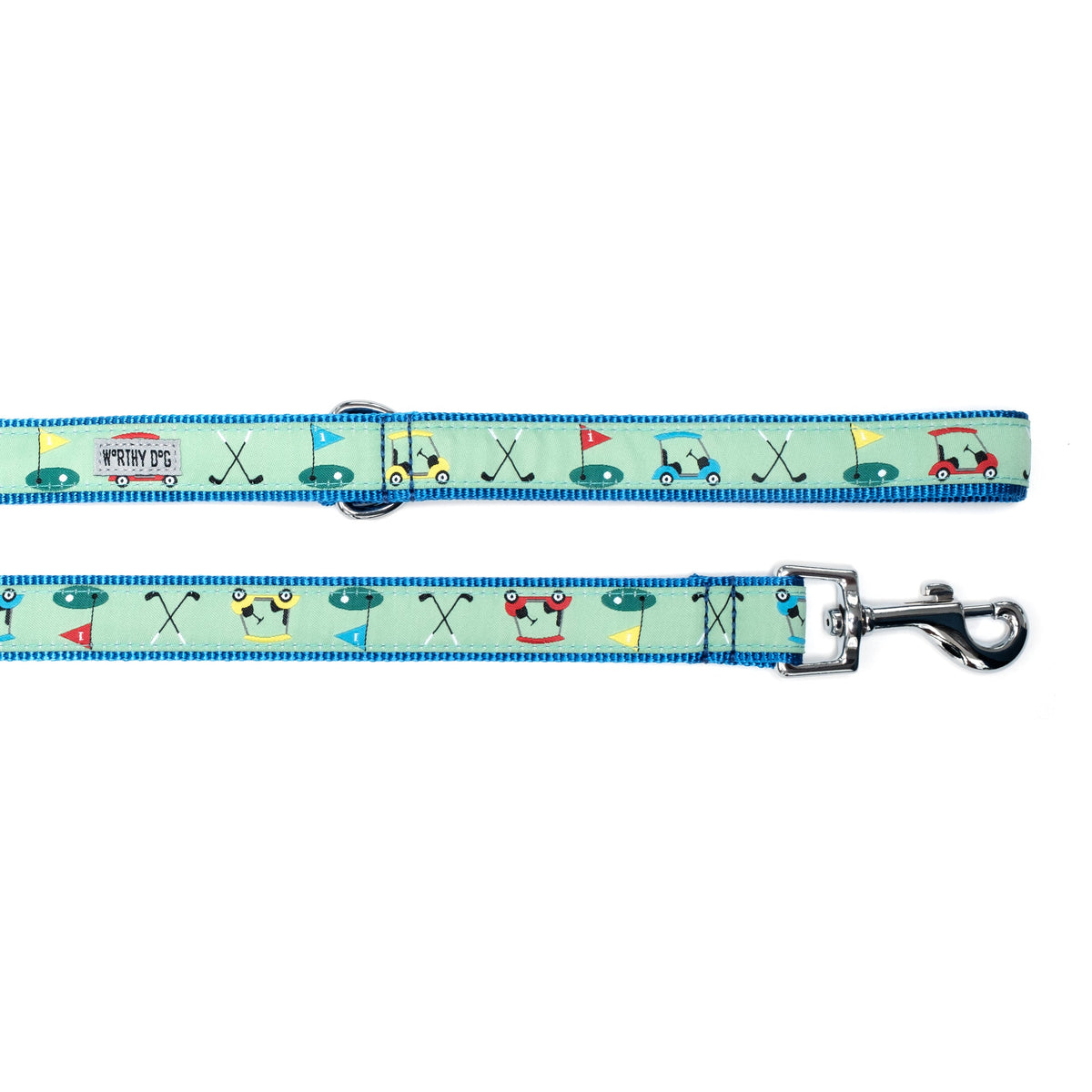 Golf Pattern Nylon Dog Leash — green ribbon and hardware detail