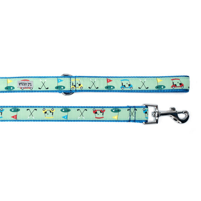 Golf Pattern Nylon Dog Leash — green ribbon and hardware detail