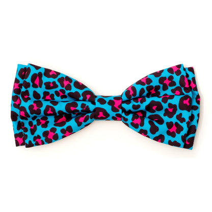 Leopard Dog Bow Tie – Polyester, Tan & Teal, Sizes S, L