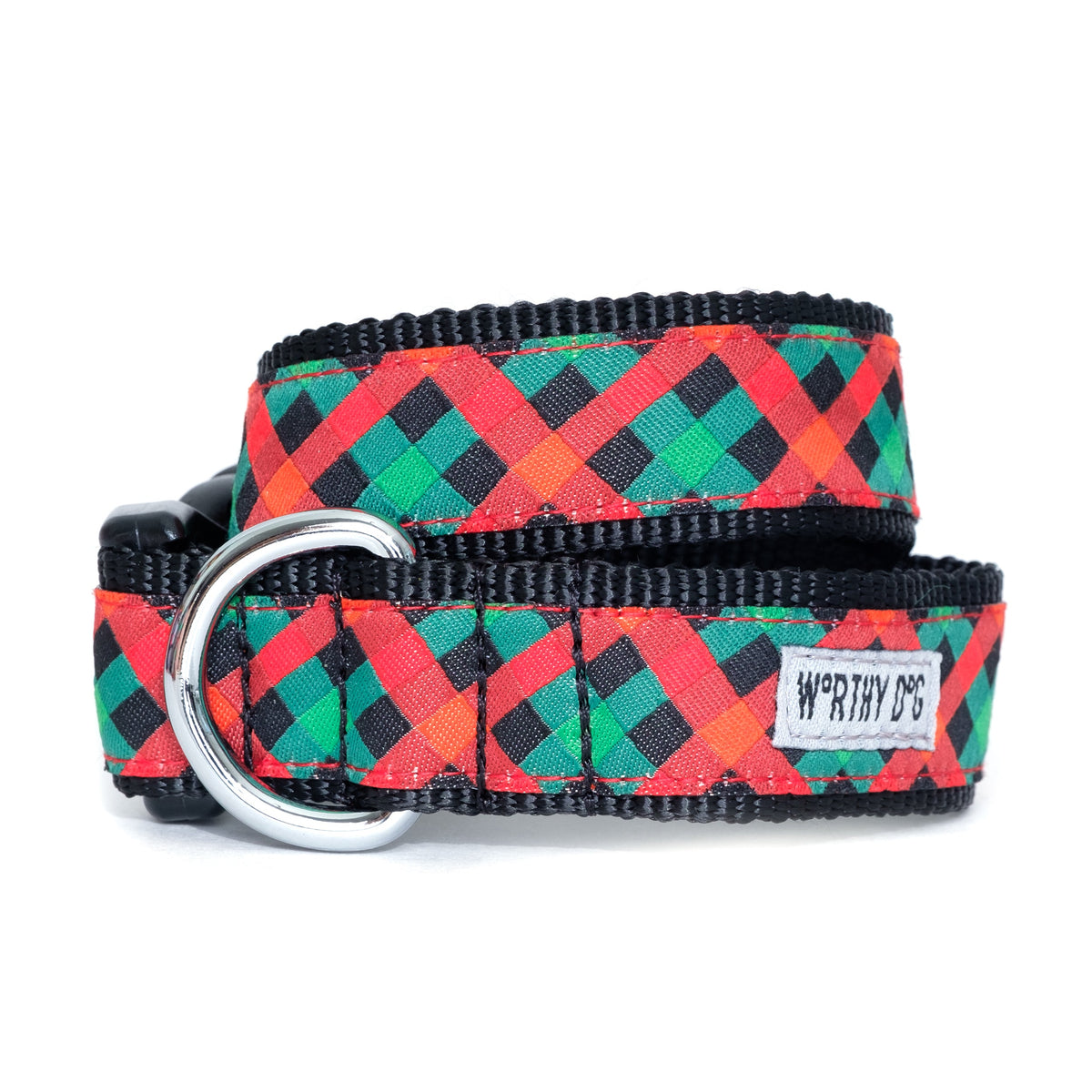 Holiday Check Dog Collar – Red/Green/Black, Sizes XS–XL