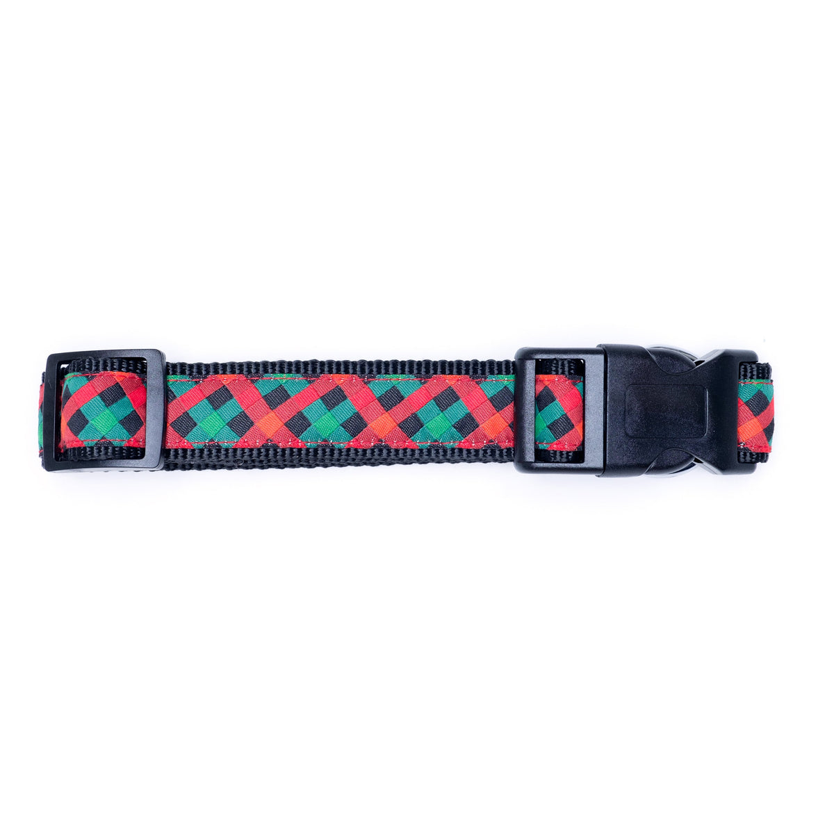 Holiday Check Dog Collar – Red/Green/Black, Sizes XS–XL
