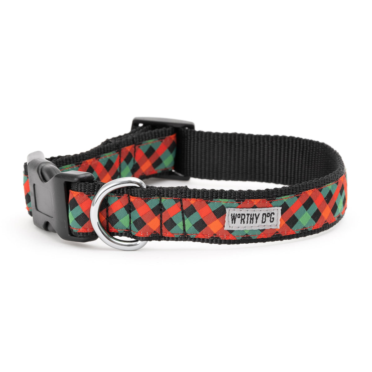 Holiday Check Dog Collar – Red/Green/Black, Sizes XS–XL