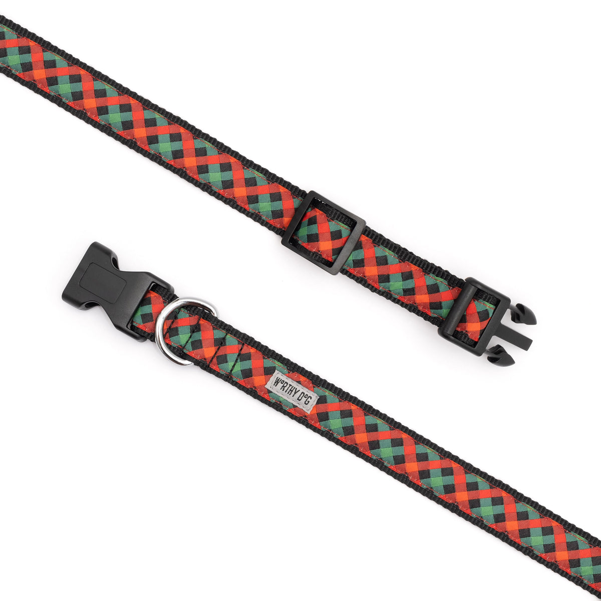 Holiday Check Dog Collar – Red/Green/Black, Sizes XS–XL