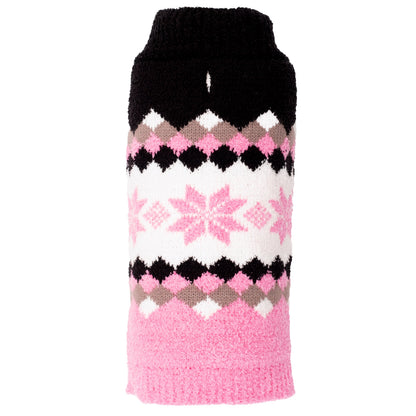 Pink Snowflake Dog Sweater, pink/black, main product view