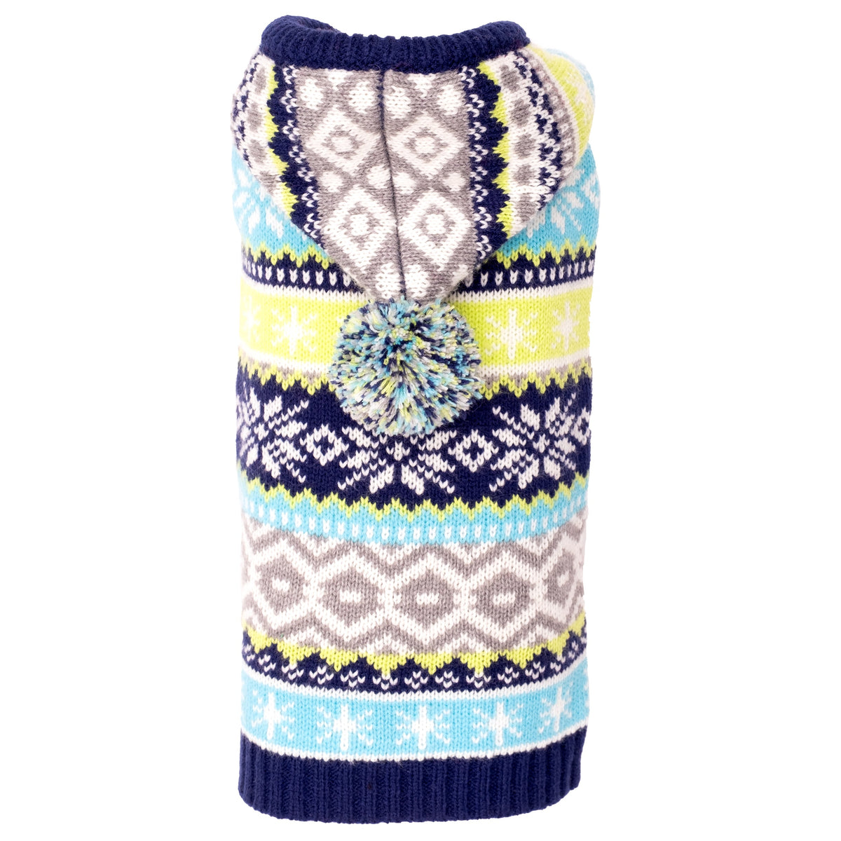 Fairisle Hoodie Dog Sweater – Acrylic, Multicolored, Blue & Pink, Sizes XXS–XXL
