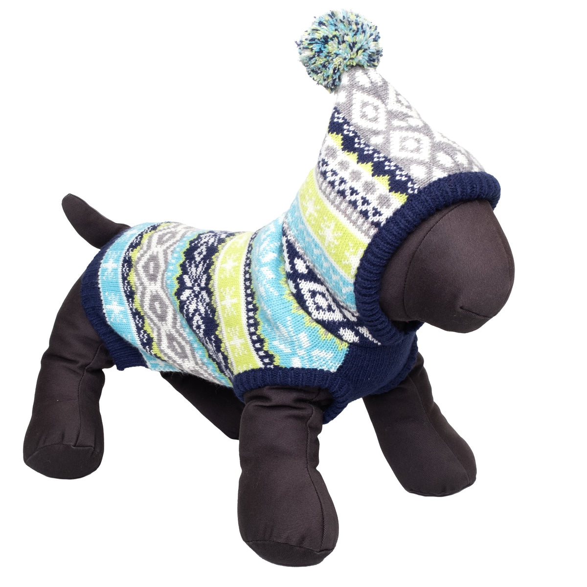 Fairisle Hoodie Dog Sweater – Acrylic, Multicolored, Blue & Pink, Sizes XXS–XXL