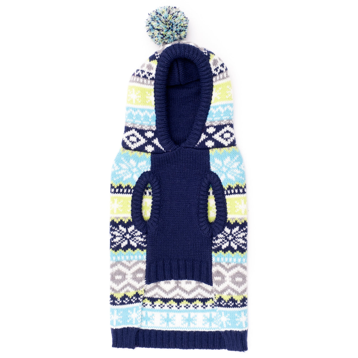 Fairisle Hoodie Dog Sweater – Acrylic, Multicolored, Blue & Pink, Sizes XXS–XXL