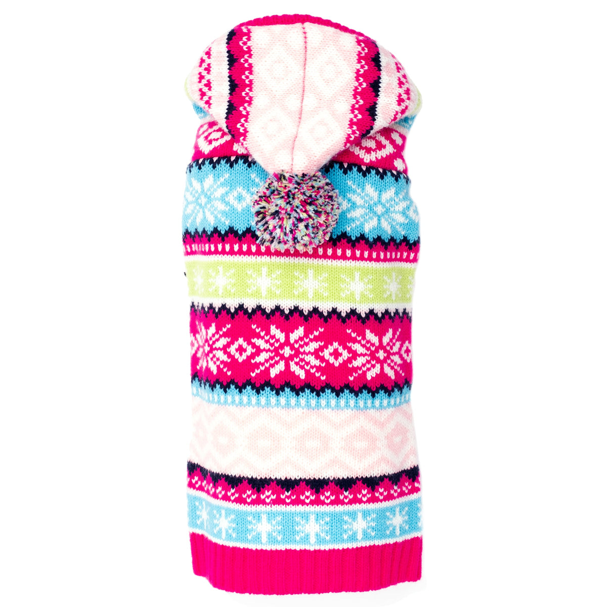 Fairisle Hoodie Dog Sweater – Acrylic, Multicolored, Blue & Pink, Sizes XXS–XXL