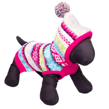 Fairisle Hoodie Dog Sweater – Acrylic, Multicolored, Blue & Pink, Sizes XXS–XXL