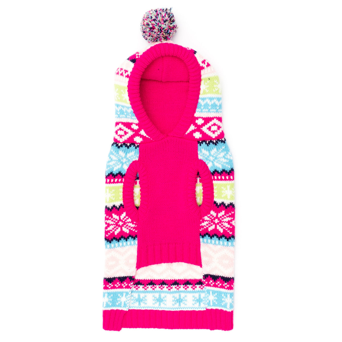 Fairisle Hoodie Dog Sweater – Acrylic, Multicolored, Blue & Pink, Sizes XXS–XXL