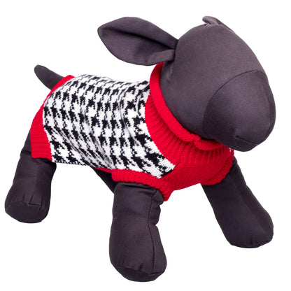 Houndstooth Sweater & Scarf Set Dog Sweater – Acrylic, Black/White/Red, Sizes XS–XXL