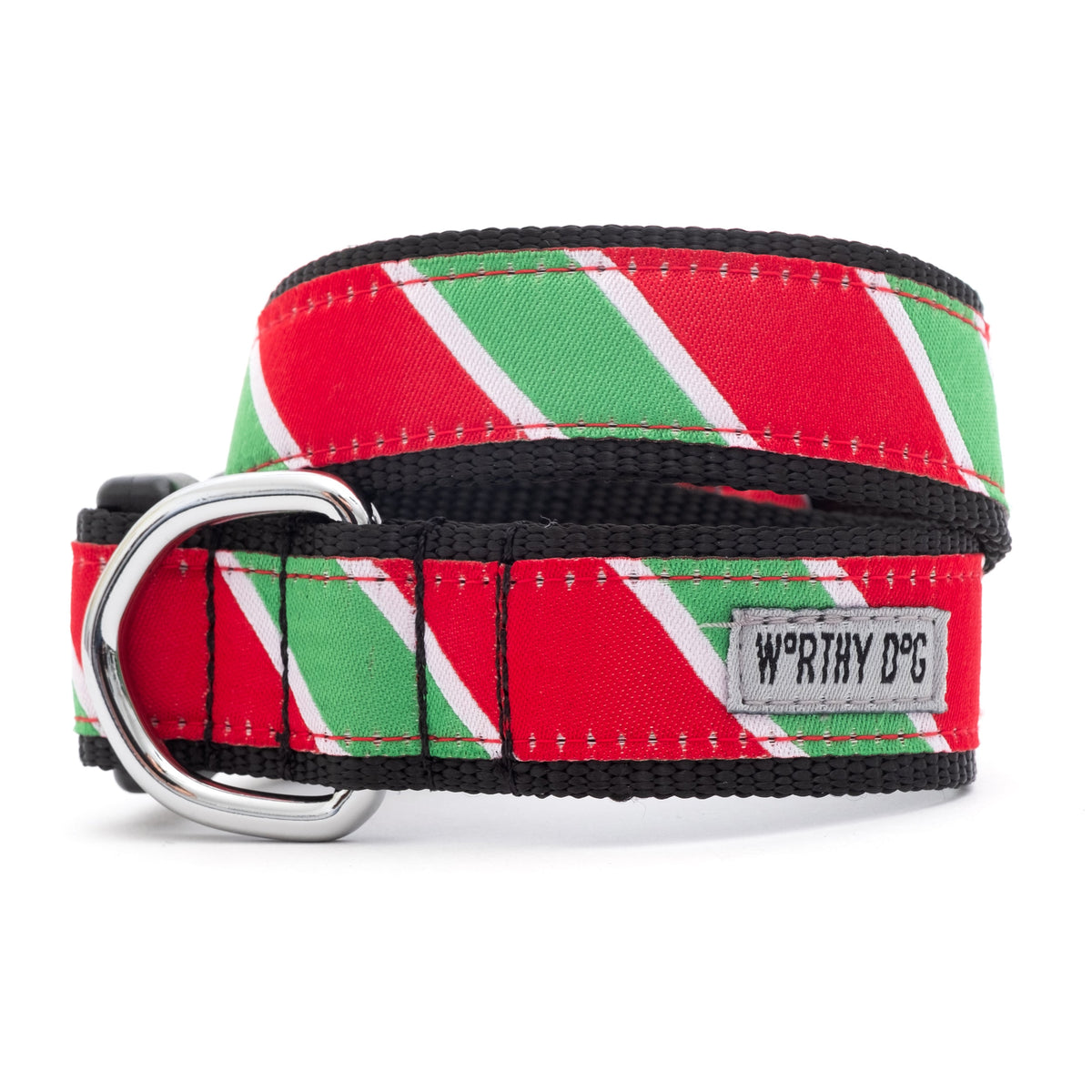 Holiday Stripe Dog Collar – Red/Green, Sizes XS–XL