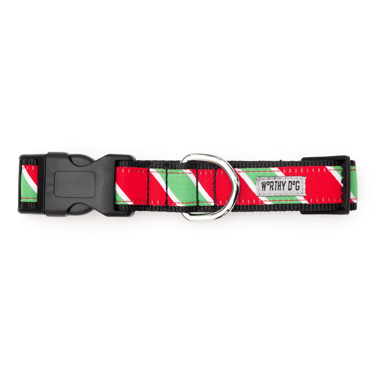Holiday Stripe Dog Collar – Red/Green, Sizes XS–XL