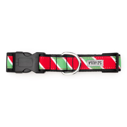 Holiday Stripe Dog Collar – Red/Green, Sizes XS–XL