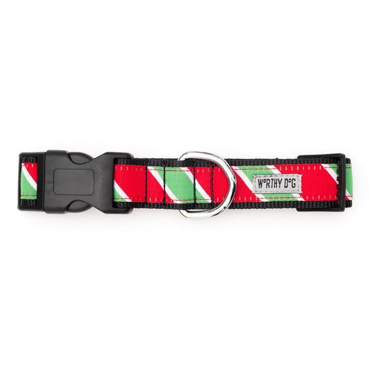 Holiday Stripe Dog Collar – Red/Green, Sizes XS–XL