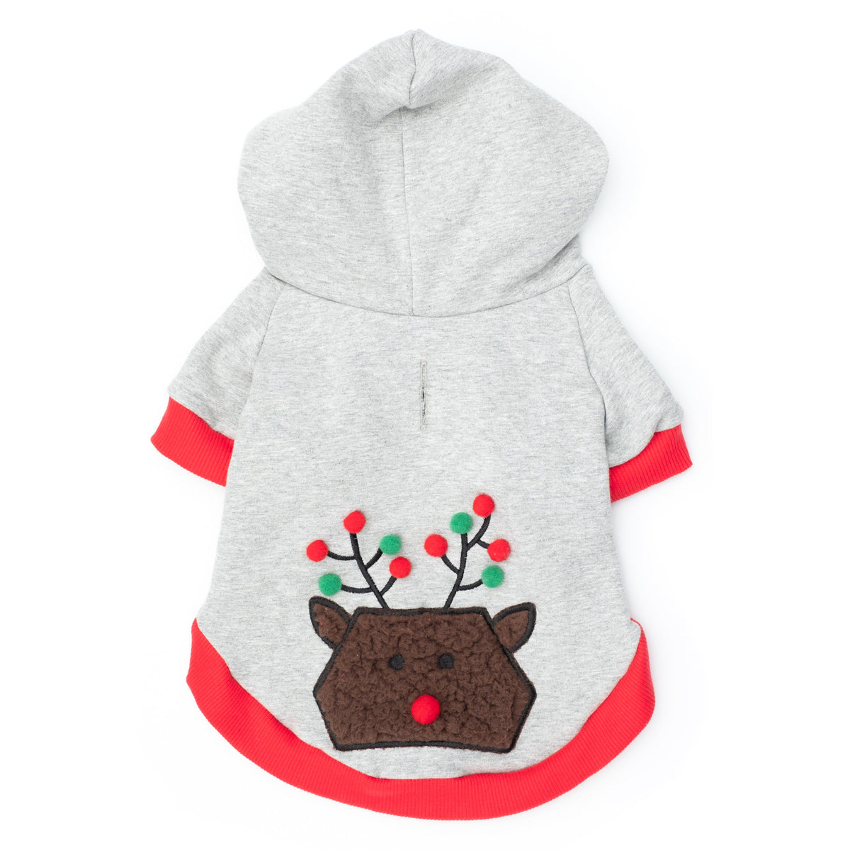 Pom Pom Reindeer Dog Hoodie – Cotton, Gray, Sizes XS–XXL