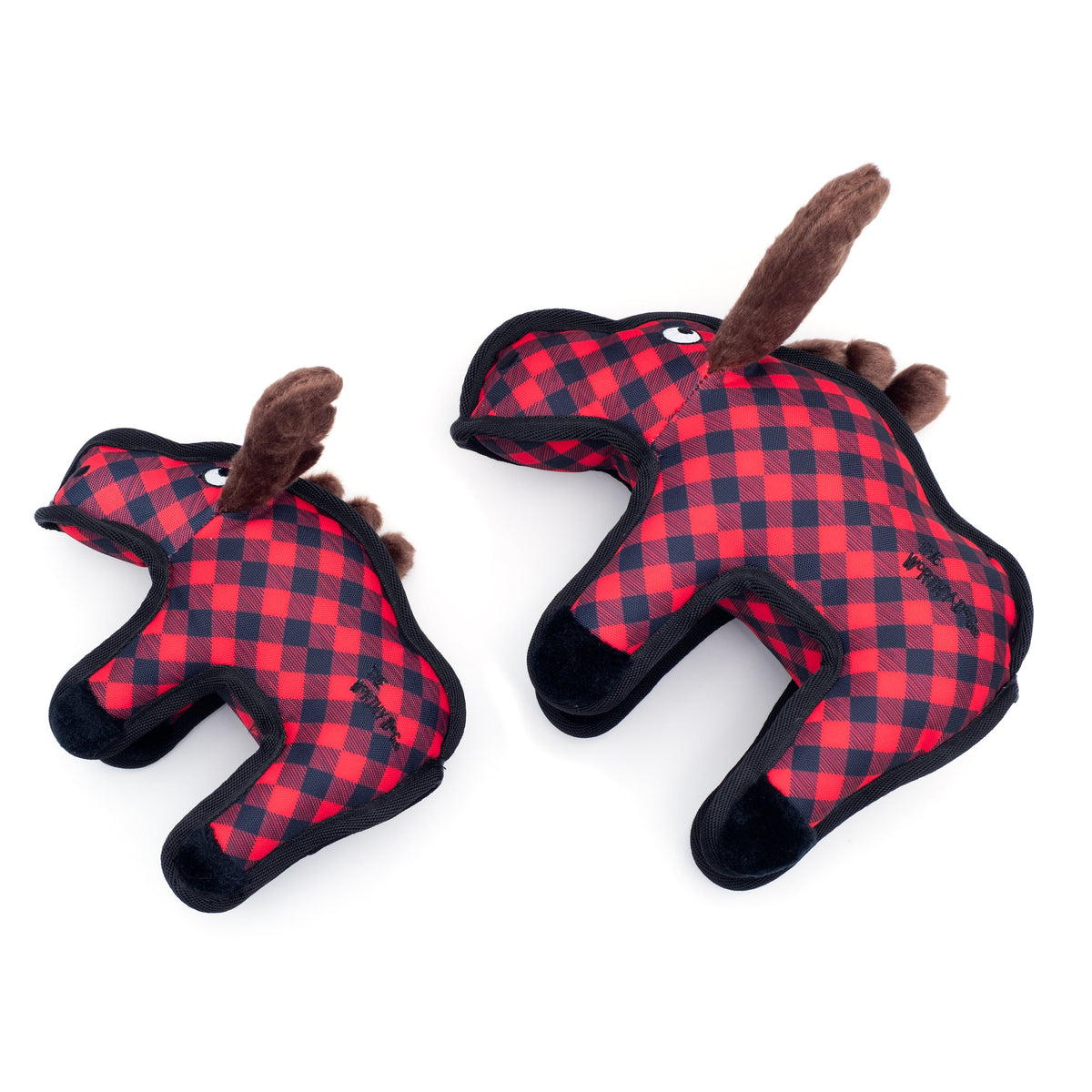 Red Buffalo Plaid Moose Squeaky Dog Toy, Small and Large size comparison