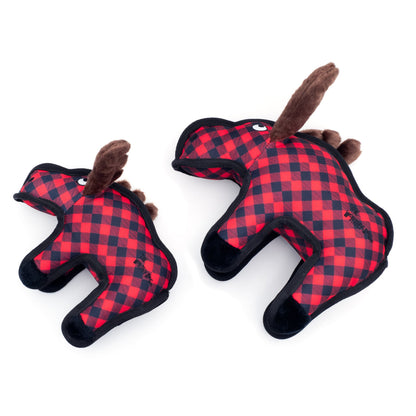 Red Buffalo Plaid Moose Squeaky Dog Toy, Small and Large size comparison