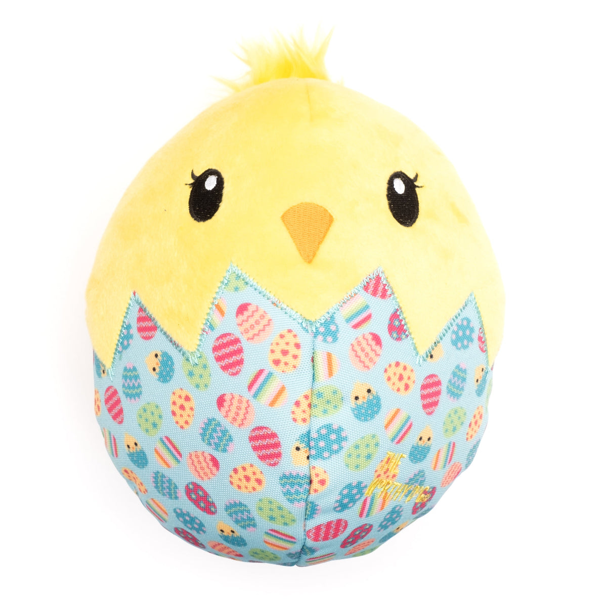 Yellow Chick Squeaky Dog Toy in a Patterned Egg, front view in patterned eggshell