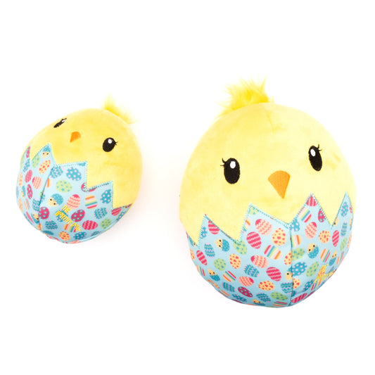 Yellow Chick Squeaky Dog Toy in a Patterned Egg, Small and Large size comparison