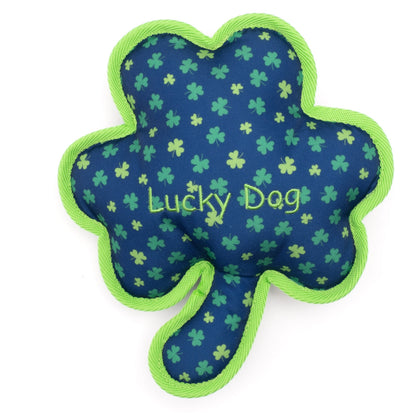 Green Shamrock Squeaky Dog Toy, front view with Lucky Dog lettering