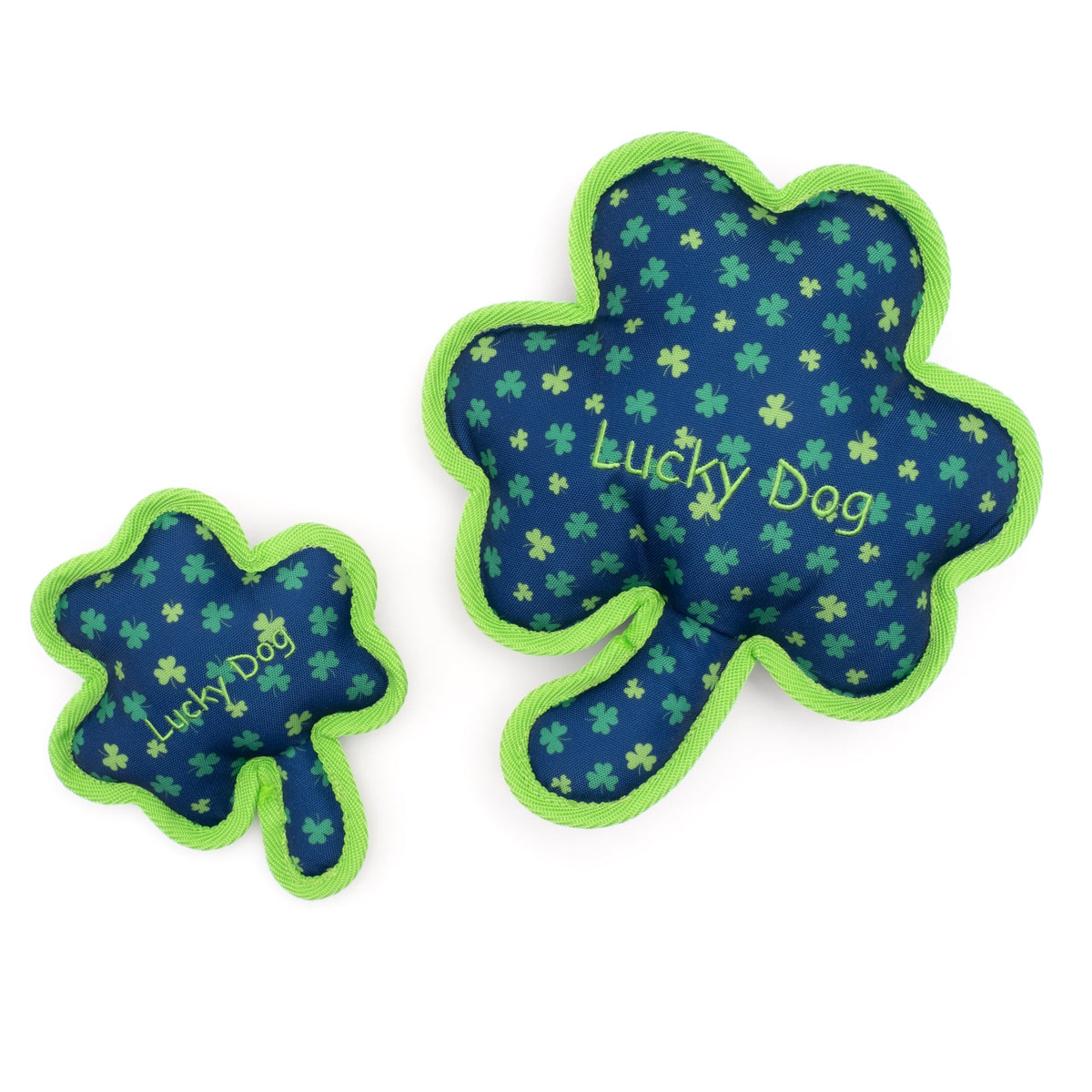 Green Shamrock Squeaky Dog Toy, Small and Large size comparison
