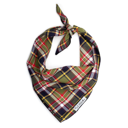 Olive Plaid II Classic Dog Bandana – Cotton, Olive, Sizes S, L