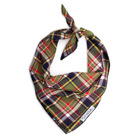 Olive Plaid II Classic Dog Bandana – Cotton, Olive, Sizes S, L