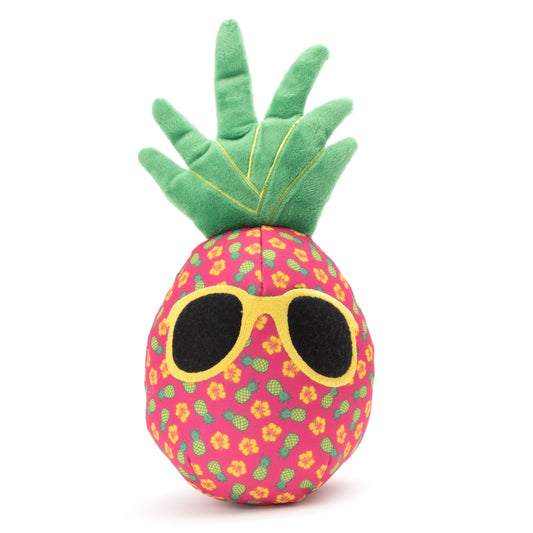Pink Pineapple Squeaky Dog Toy with Sunglasses, front view with sunglasses
