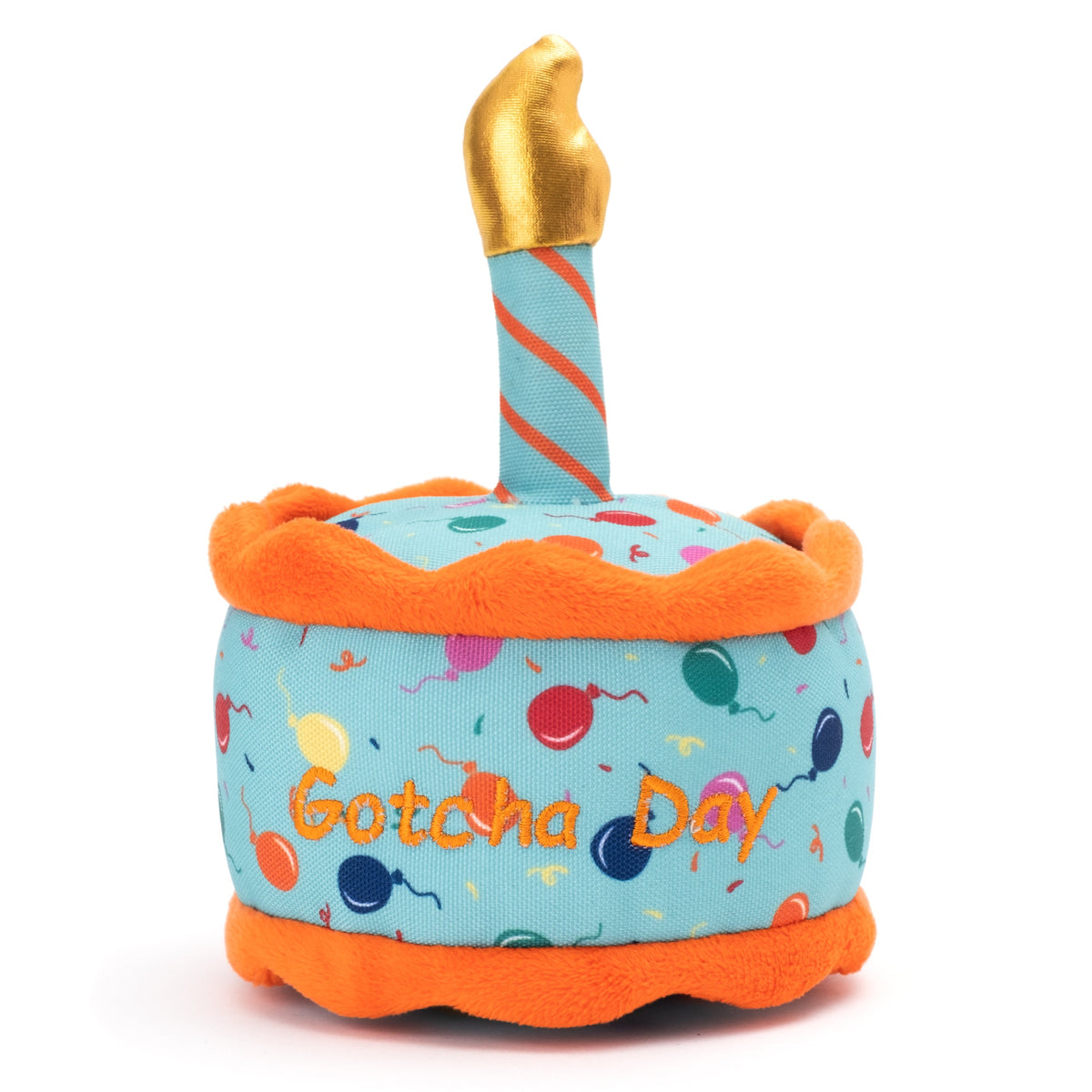 Gotcha Day Cake Squeaky Dog Toy with Fabric Candle, front view with decorative candle