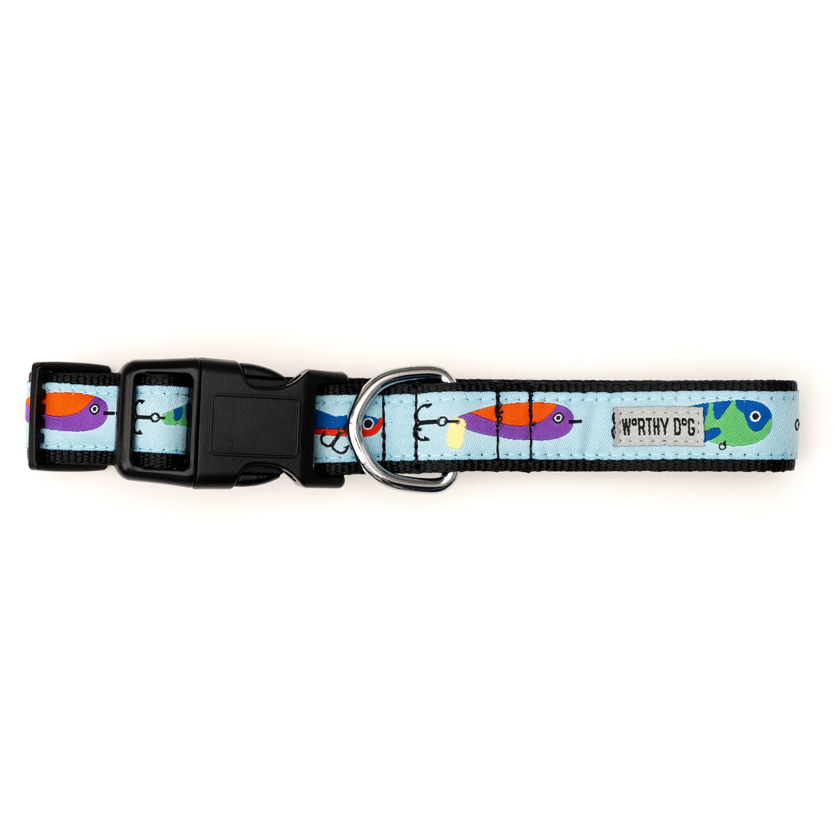 Gone Fishin' Dog Collar – Blue, Sizes XS–XL