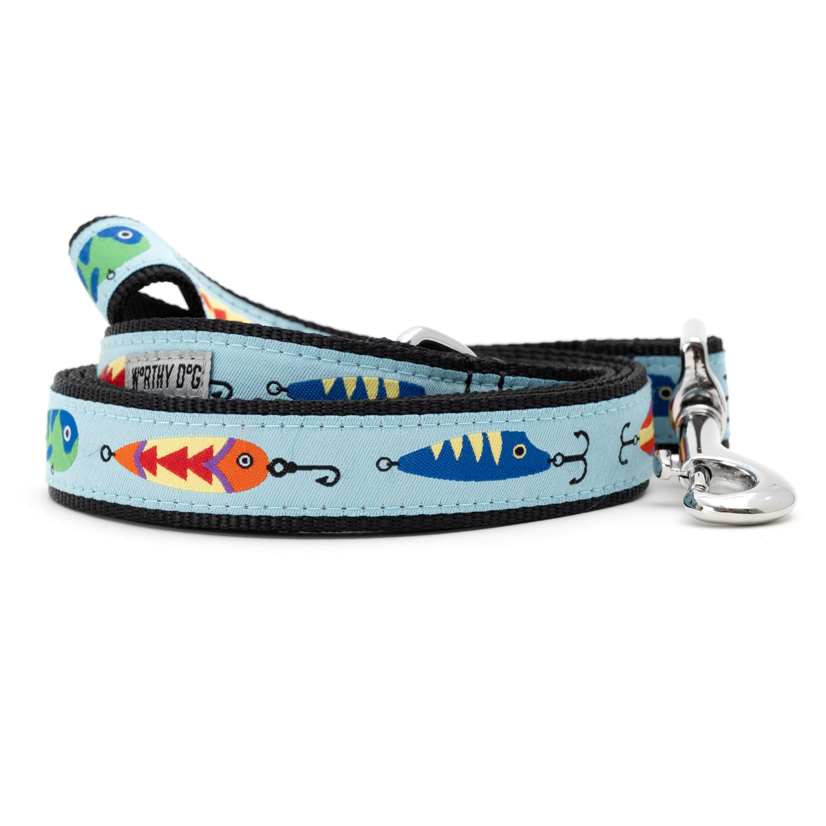 Gone Fishin' blue ribbon and nylon dog leash, coiled leash