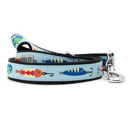 Gone Fishin' blue ribbon and nylon dog leash, coiled leash