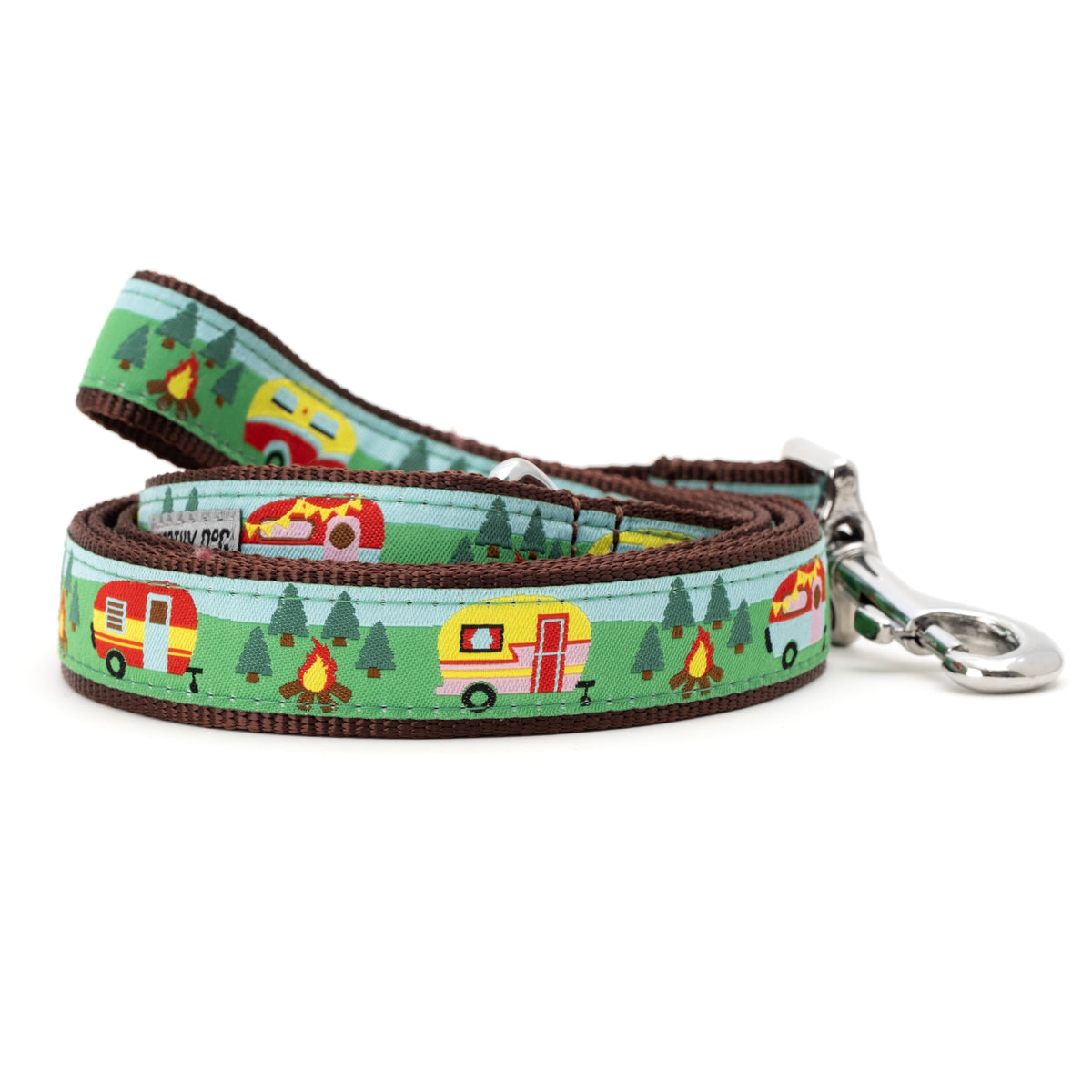 Happy Camper multicolored ribbon and nylon dog leash, coiled leash