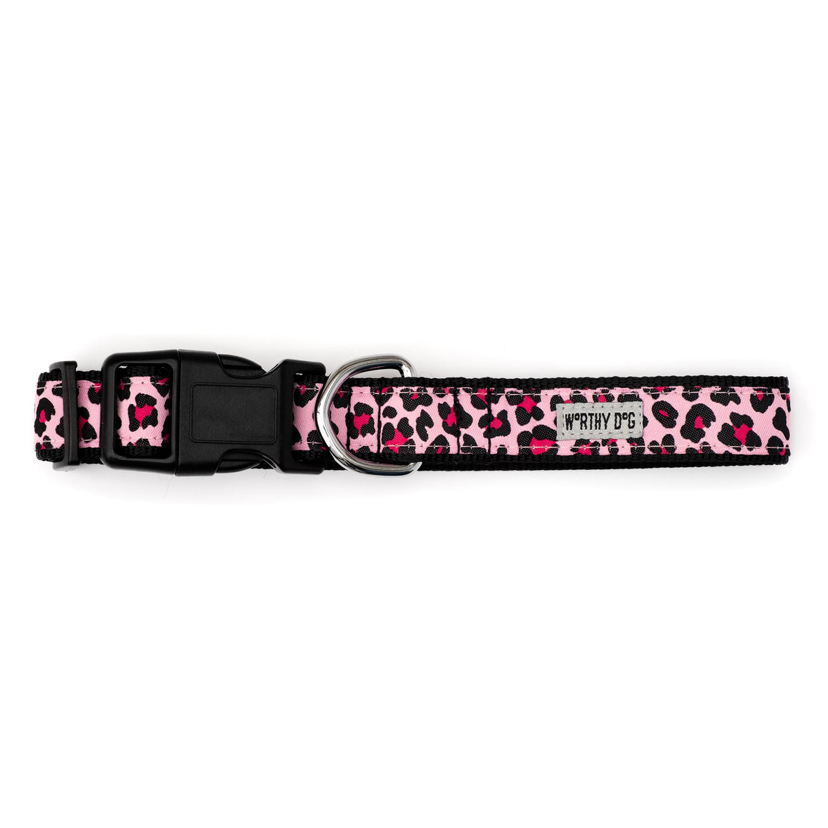 Pink Leopard Print Nylon Dog Collar in pink, product view 2