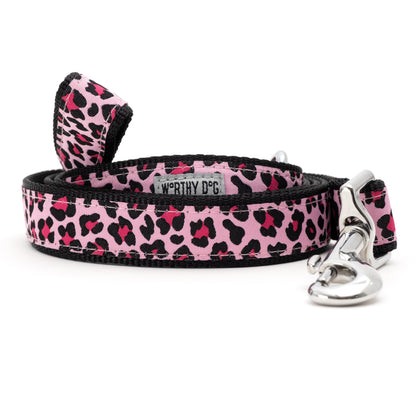 Leopard pink ribbon and nylon dog leash, coiled leash