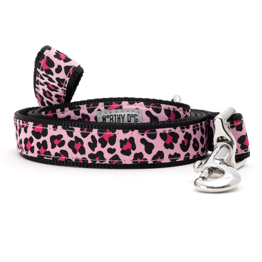 Leopard pink ribbon and nylon dog leash, coiled leash