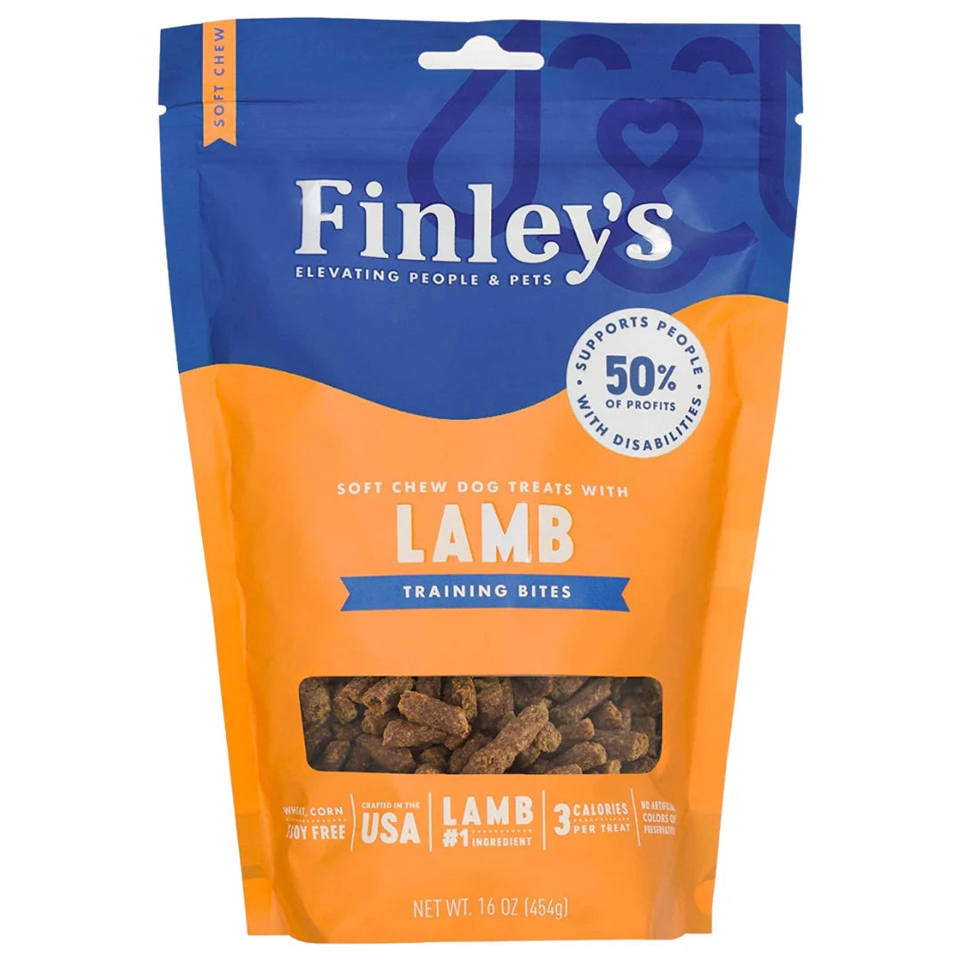 Finley's soft chew dog treats with lamb on an orange and blue package