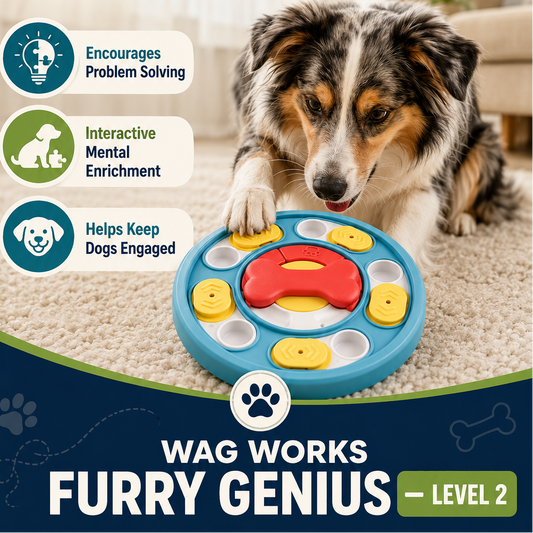 Promotional graphic for the Wag Works 'Mental Stimulation for Dogs' Level 2 toy, featuring an Australian Shepherd dog interacting with the blue, yellow, and red dog toy on a beige carpet. The graphic includes text callouts about problem solving, mental enrichment, and engagement.