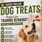 A golden retriever sits on a light wood floor while a human hand offers a treat from above. The scene is an advertisement for Advance Pet Supply Duck Soft & Chewy Jerky dog treats, showing the product packaging, a bowl of treats, and marketing text about training rewards.