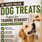A golden retriever sits on a light wood floor while a human hand offers a treat from above. The scene is an advertisement for Advance Pet Supply Duck Soft & Chewy Jerky dog treats, showing the product packaging, a bowl of treats, and marketing text about training rewards.