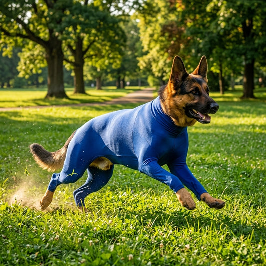 A German Shepherd running across a grassy park wearing a full-body blue dog suit, with trees and sunlight in the background.