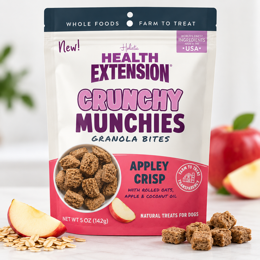 Health Extension Crunchy Munchies Appley Crisp Dog Treats 5 oz front package