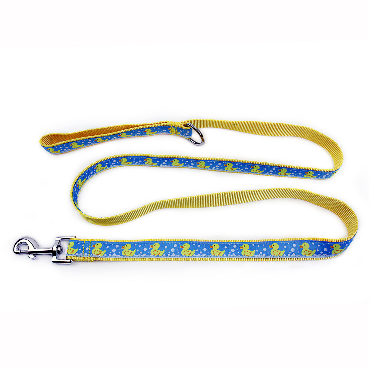 Yellow rubber-duck illustrations on blue ribbon nylon dog leash, extended with yellow nylon backing