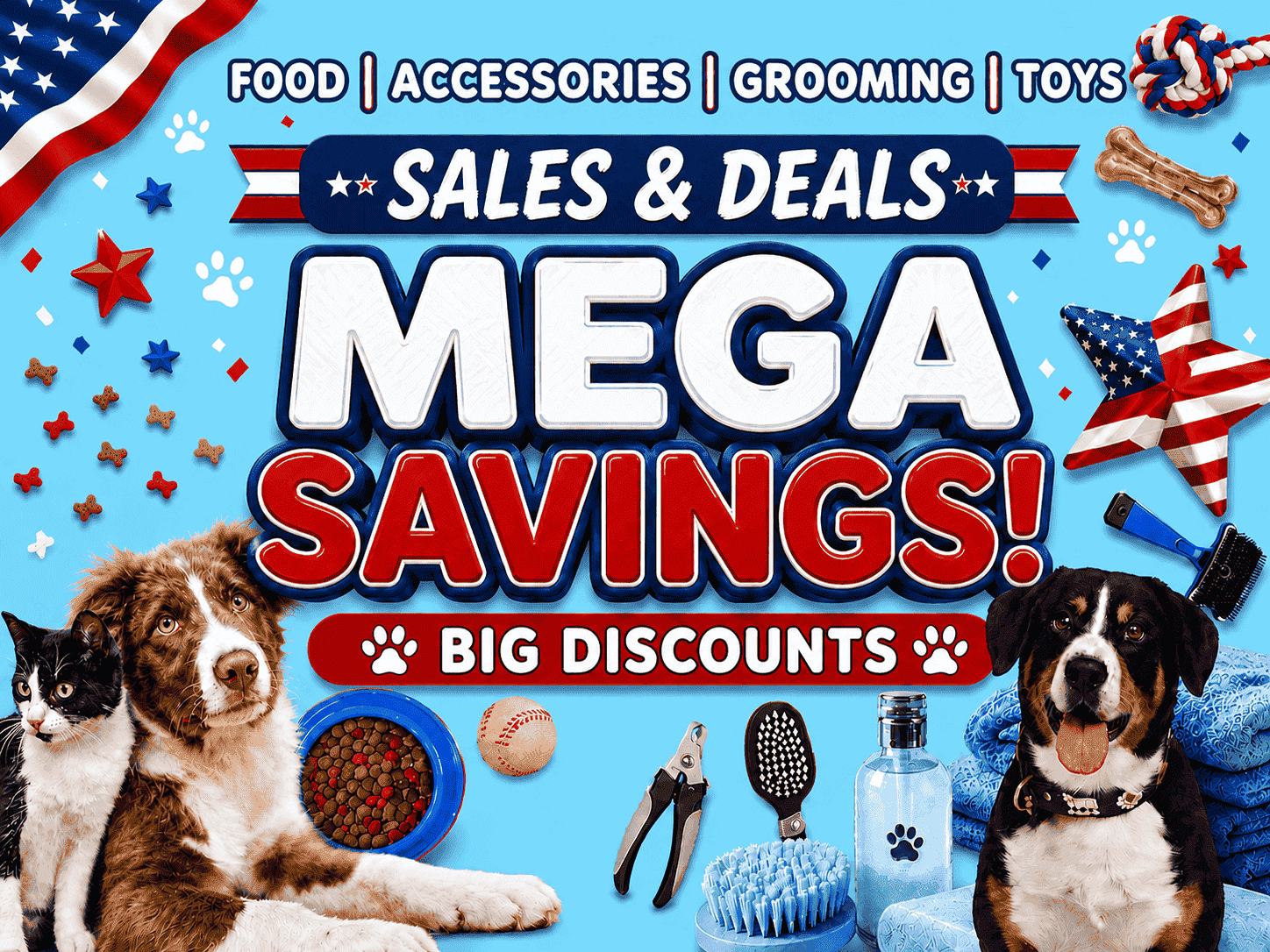 Promotional banner for pet products with text about sales, deals, and savings.