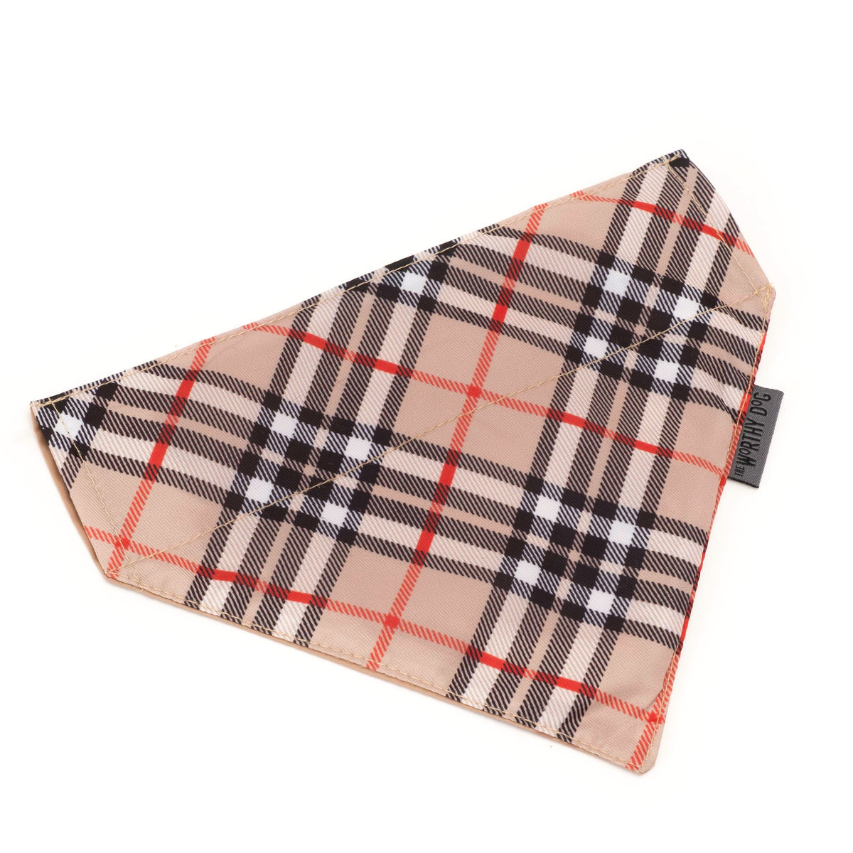 Bias Plaid Tan Dog Slide-On Bandana – Polyester, Tan, Sizes S, L