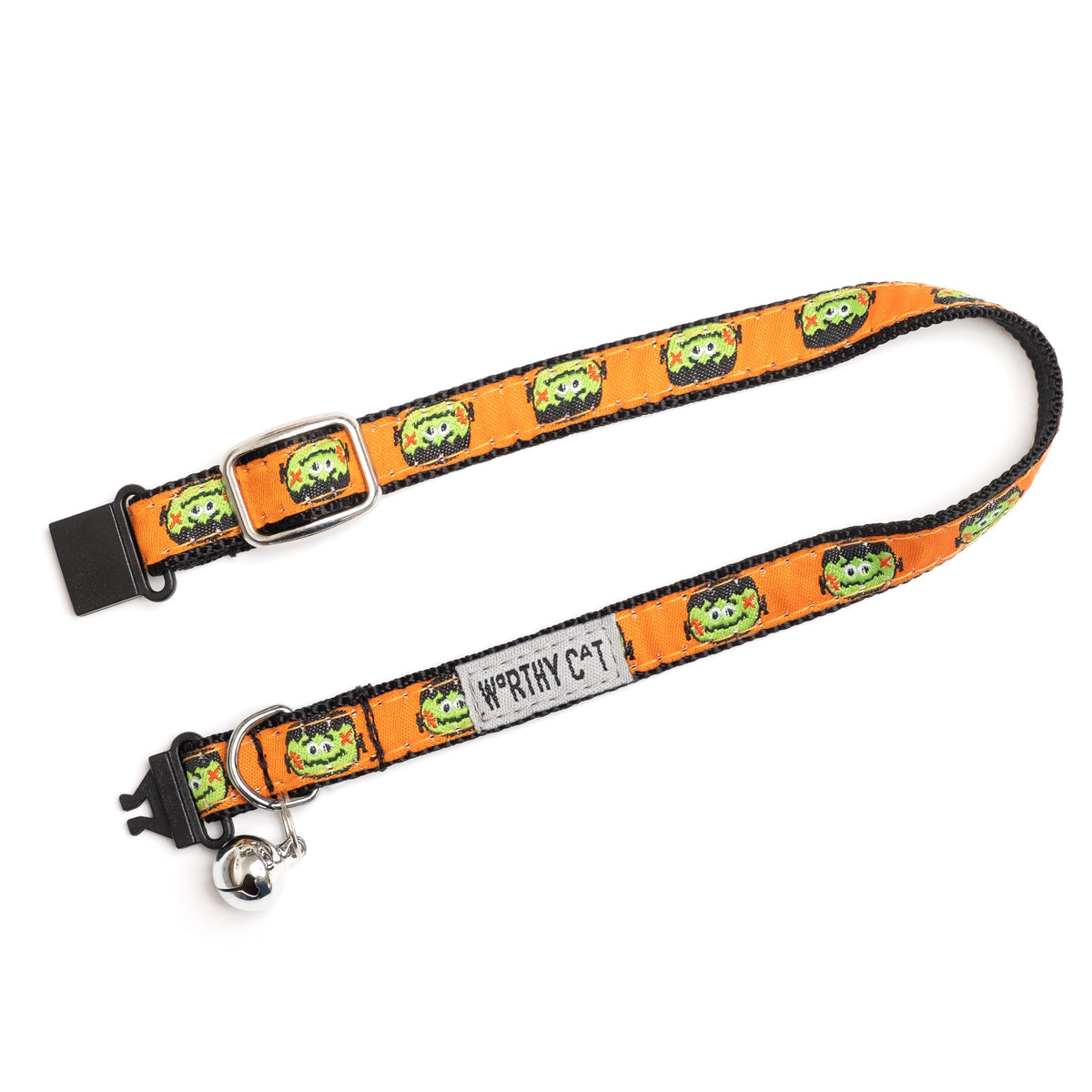 Frankenstein faces on orange ribbon Halloween cat collar, extended with clasp open