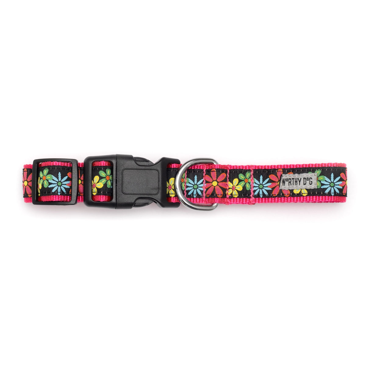 Black Floral Nylon Dog Collar in black, product view 3