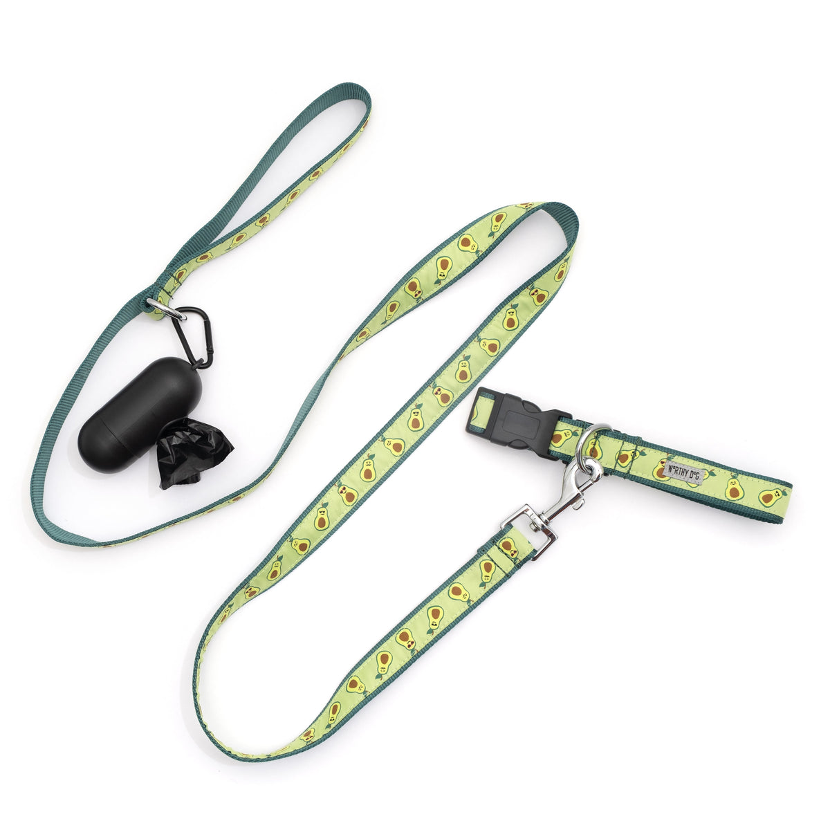 Green Avocado Nylon Dog Leash — leash shown with collar and dispenser